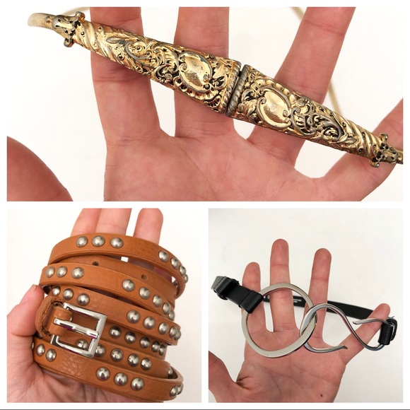 Express Accessories - Skinny Belt Set Brown Black FauxLeather Gold Metal